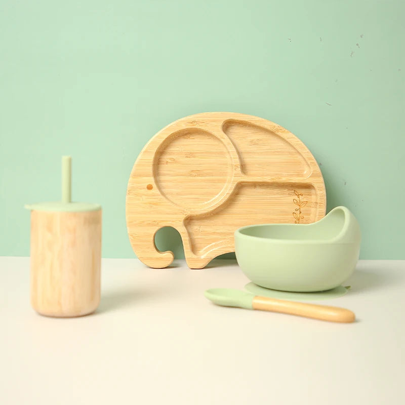 1Set Wooden Tableware Baby Bamboo Feeding Bowl Spoon Elephant Pattern Food Tableware Kids Wooden Training Plate Silicone Bowl