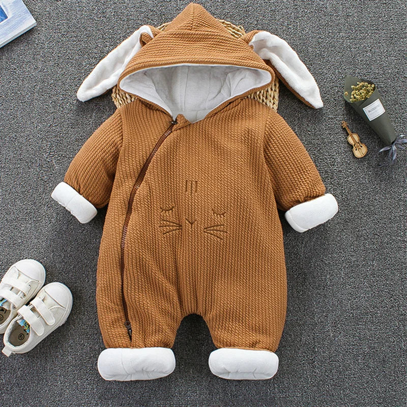 Toddler Infant Baby Clothing Boys Girls Kawaii Cartoon Hooded 3D Ear Romper Jumpsuit Clothes Winter Warmer Newborn Kid Costumes