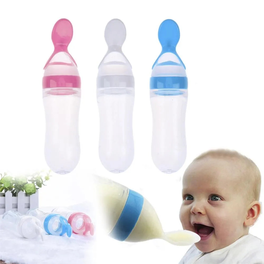 Newborn Baby Feeding Bottle Toddler Silicone Squeeze Feeding Spoon Milk Cereal Spoon Baby Training Feeder Food Supplement