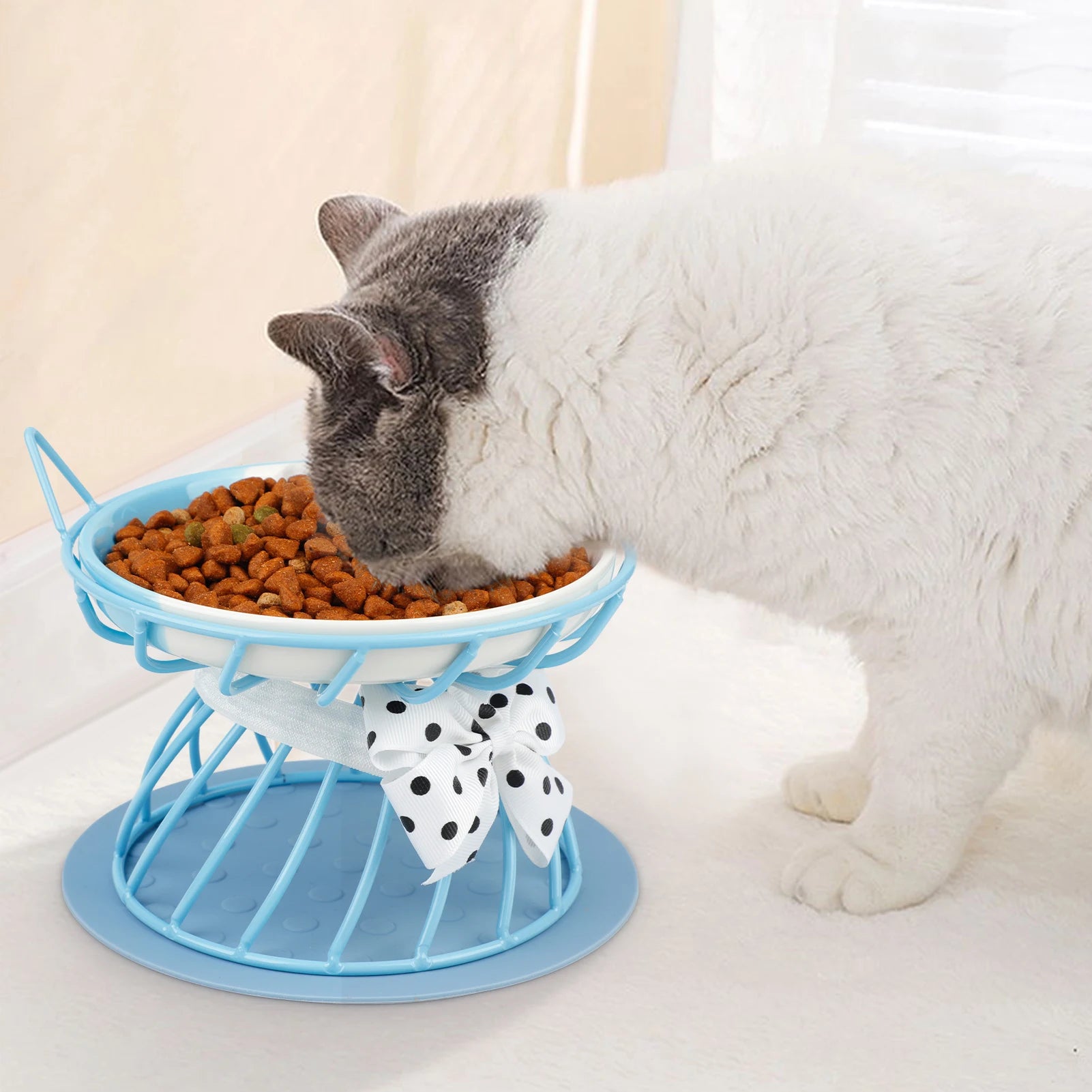 Ceramic Cat Bowl Raised round Puppy Feeding Dish Kitten Food Feeding Bowl with Bowl Mat Raised Stand Kitten Dog Water Feeder