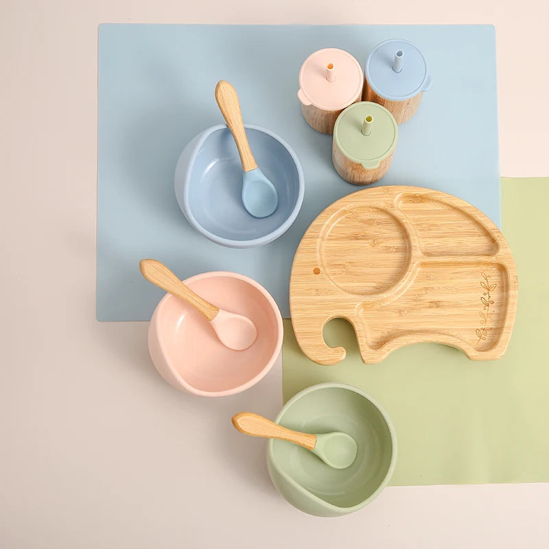 1Set Wooden Tableware Baby Bamboo Feeding Bowl Spoon Elephant Pattern Food Tableware Kids Wooden Training Plate Silicone Bowl