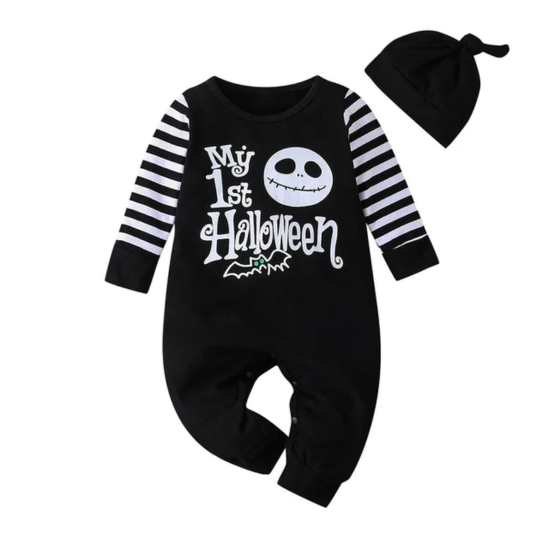 Newborn Baby Clothing Halloween Baby Boy Jumpsuit 2023 Fashion Cartoon Letter Printed Romper+Hat 2PCS Pure Cotton Clothes 0-18M