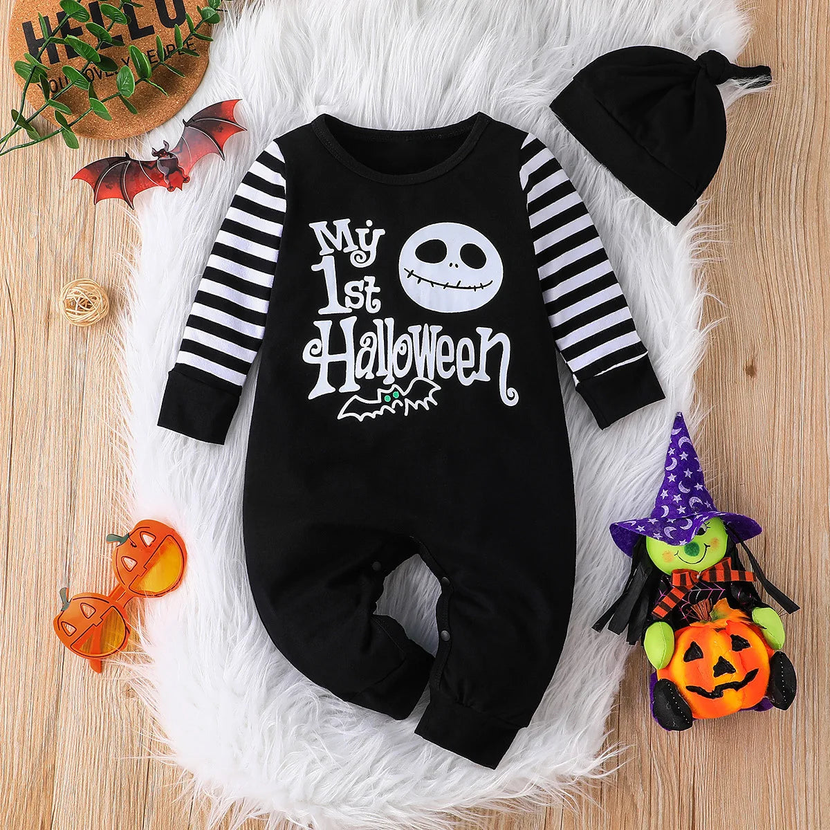 Newborn Baby Clothing Halloween Baby Boy Jumpsuit 2023 Fashion Cartoon Letter Printed Romper+Hat 2PCS Pure Cotton Clothes 0-18M