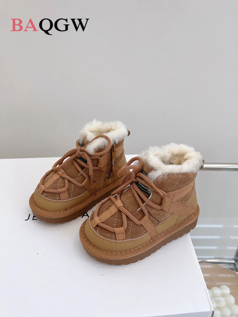 New Winter Children Warm Snow Boots Genuine Leather Warm Plush Toddler Boys Shoes Non-Slip Fashion Baby Girls Boots 1-6 Years