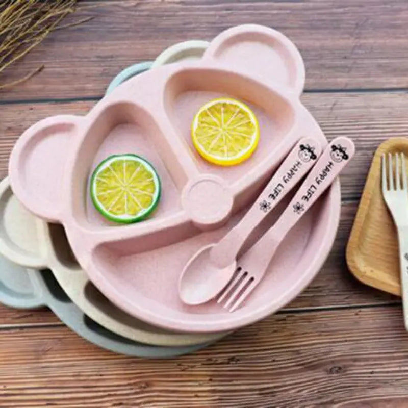 Cubs Children'S Dinner Set Wheat Straw Creative Tableware Baby Dish Tray Breakfast Tray Addition Fork and Spoon