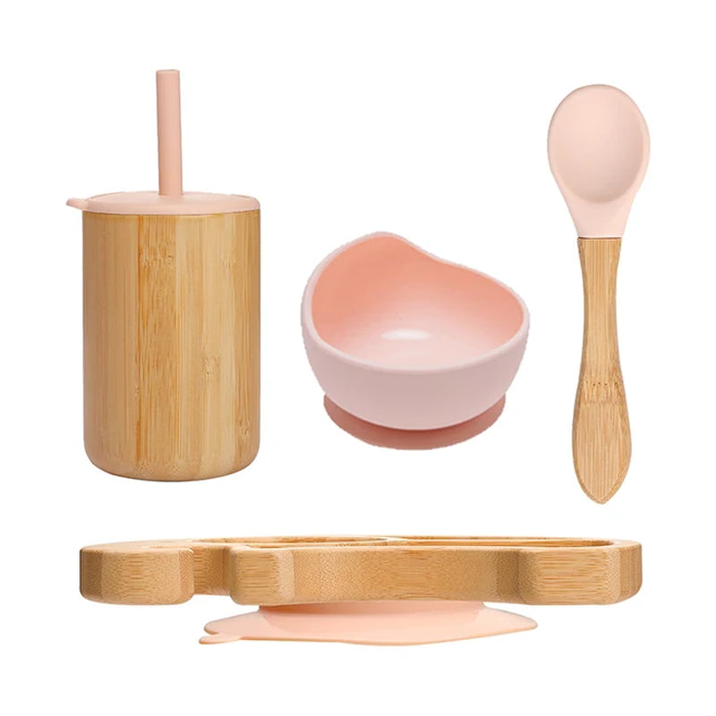 1Set Wooden Tableware Baby Bamboo Feeding Bowl Spoon Elephant Pattern Food Tableware Kids Wooden Training Plate Silicone Bowl