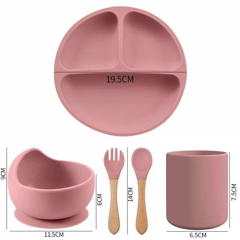 BPA Free 5/4PC Solid Baby Silicone Tableware Set with Divided Baby Plates Feeding Bowls Straw Cup and Spoon for Toddler Training