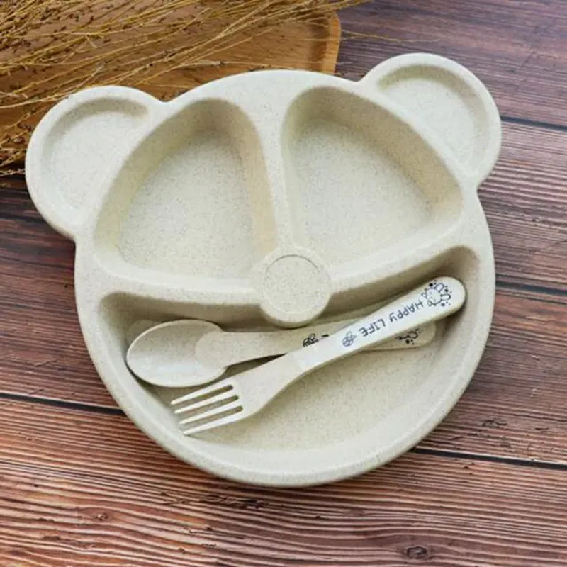 Cubs Children'S Dinner Set Wheat Straw Creative Tableware Baby Dish Tray Breakfast Tray Addition Fork and Spoon