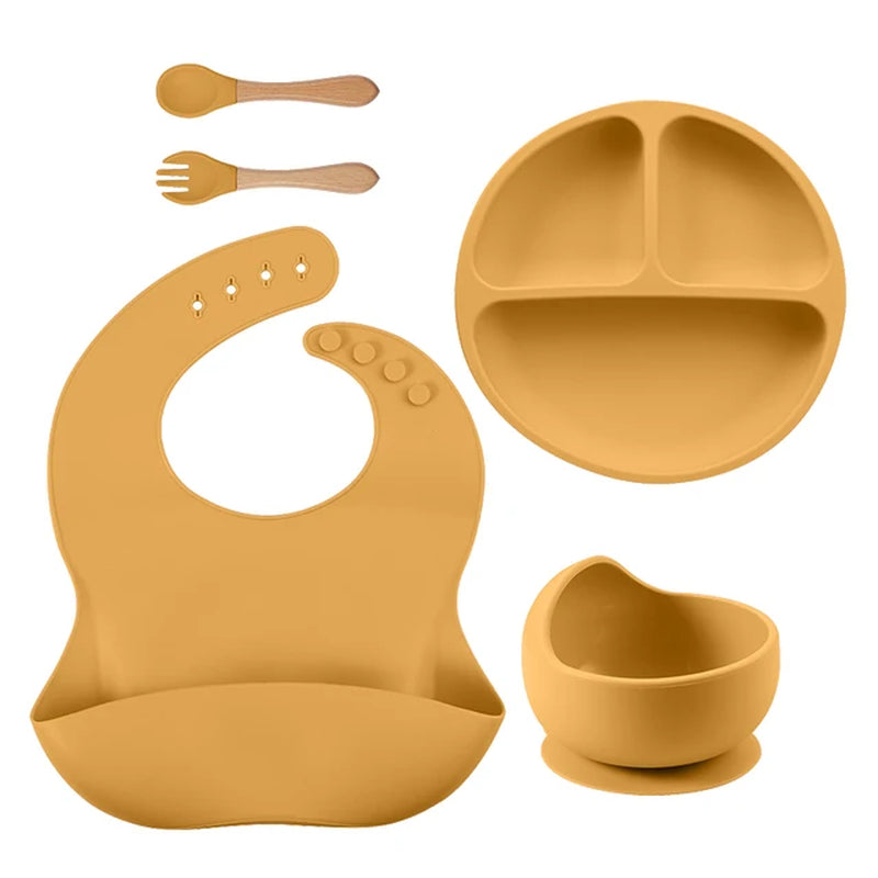 BPA Free 5/4PC Solid Baby Silicone Tableware Set with Divided Baby Plates Feeding Bowls Straw Cup and Spoon for Toddler Training