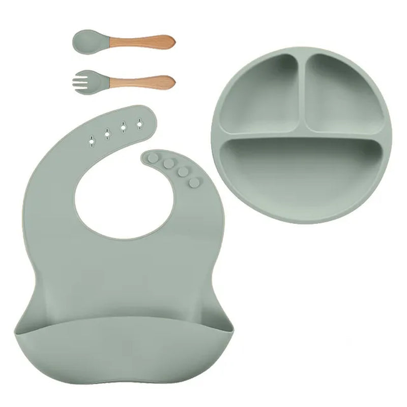 BPA Free 5/4PC Solid Baby Silicone Tableware Set with Divided Baby Plates Feeding Bowls Straw Cup and Spoon for Toddler Training