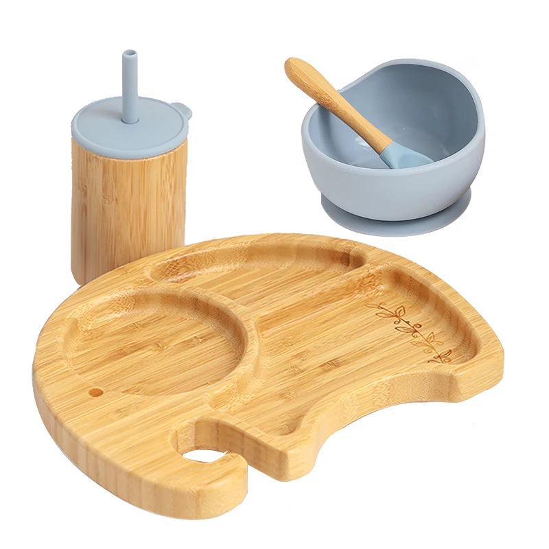 1Set Wooden Tableware Baby Bamboo Feeding Bowl Spoon Elephant Pattern Food Tableware Kids Wooden Training Plate Silicone Bowl