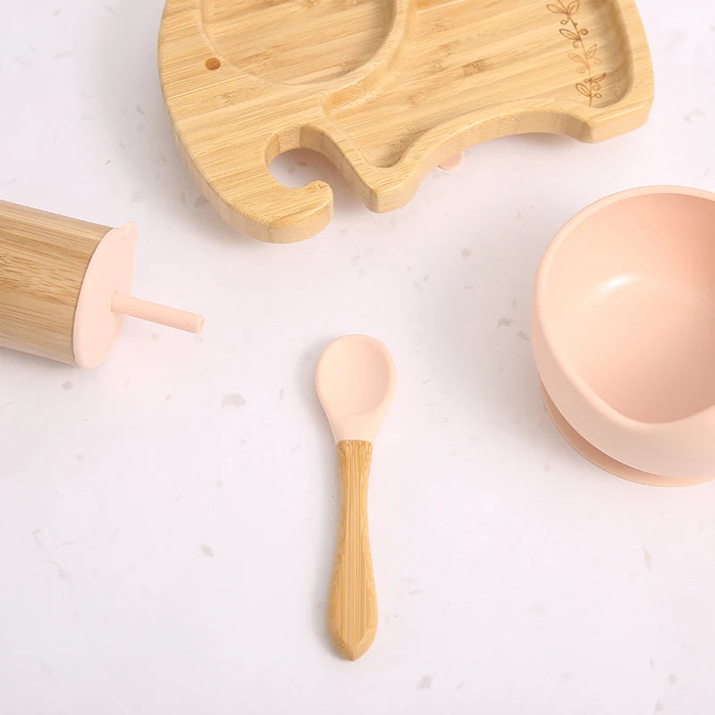 1Set Wooden Tableware Baby Bamboo Feeding Bowl Spoon Elephant Pattern Food Tableware Kids Wooden Training Plate Silicone Bowl