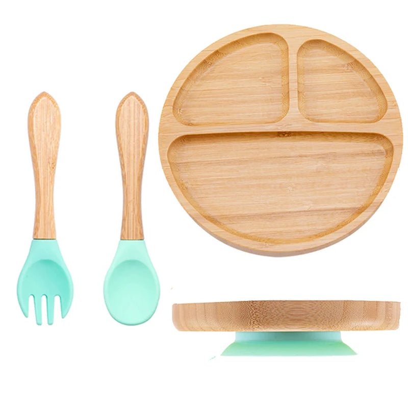 3Pcs Baby Bamboo Plate Silicone Suction Kids Wooden Feeding Tableware Non-Slip Dinnerware Baby Tableware for Baby Birthday Gift