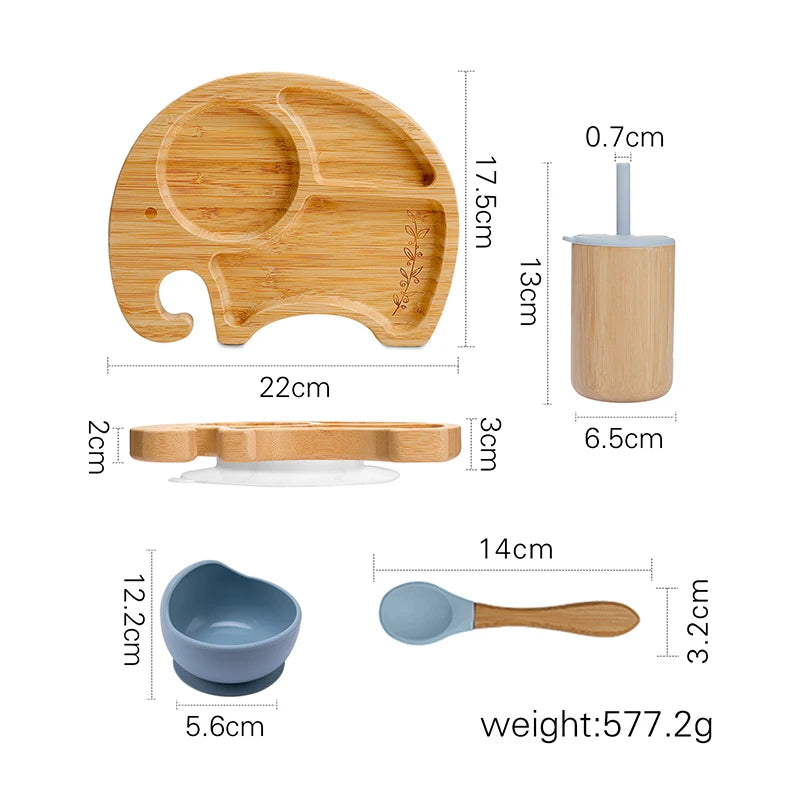 1Set Wooden Tableware Baby Bamboo Feeding Bowl Spoon Elephant Pattern Food Tableware Kids Wooden Training Plate Silicone Bowl